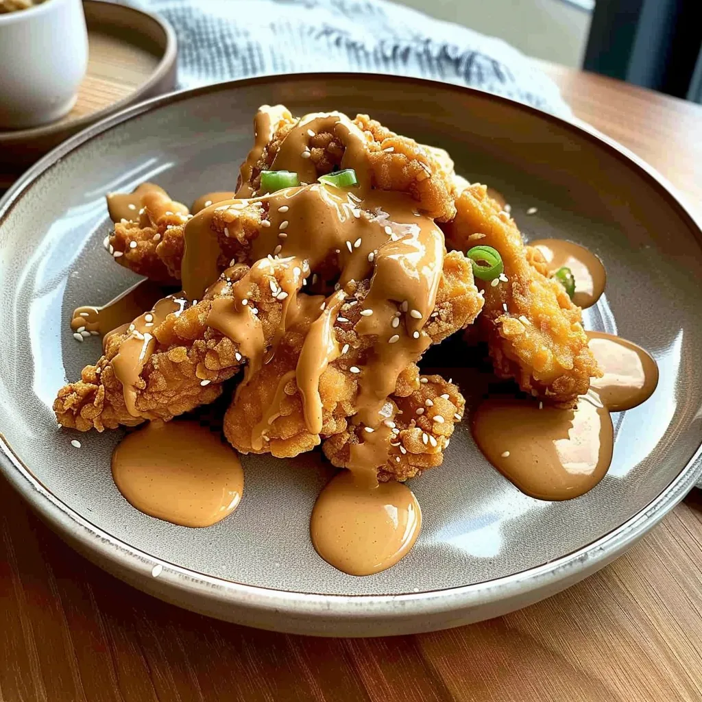 A plate of chicken with a brown sauce.