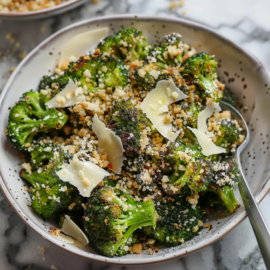A bowl of broccoli with cheese and nuts.
