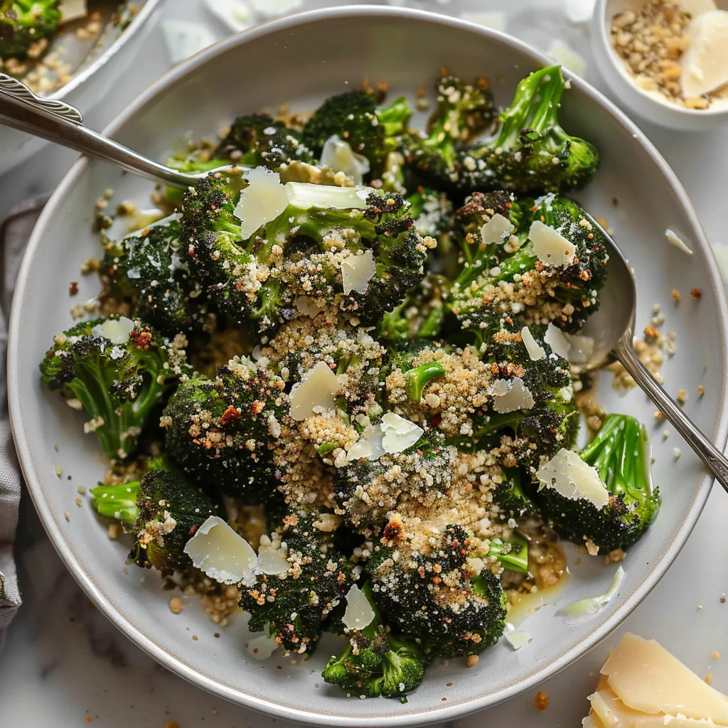 A bowl of broccoli with cheese and nuts.