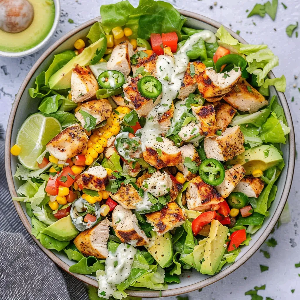 A bowl of chicken salad with avocado and lime.