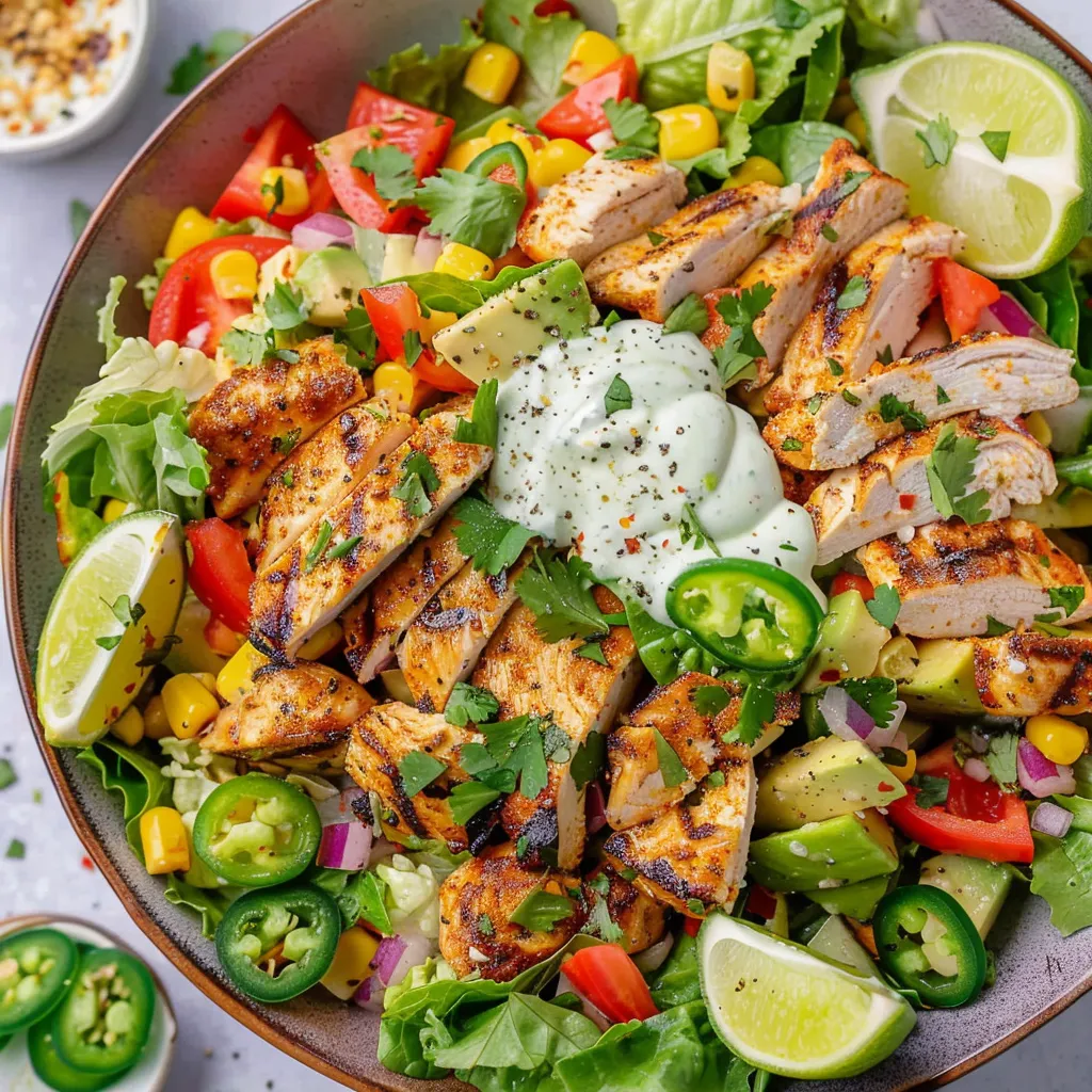 A bowl of chicken salad with avocado, tomatoes, and lime.