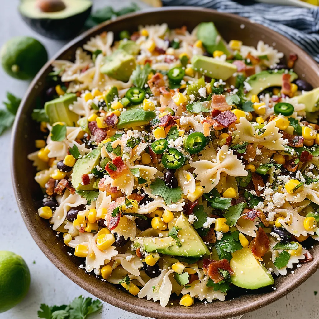A bowl of pasta with corn, avocado, and bacon.