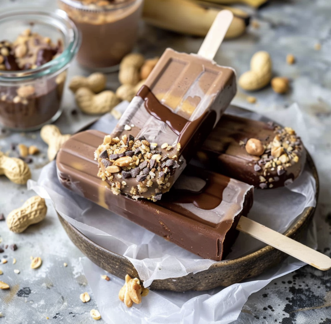 A chocolate ice cream bar with peanut butter and chocolate sauce on top.