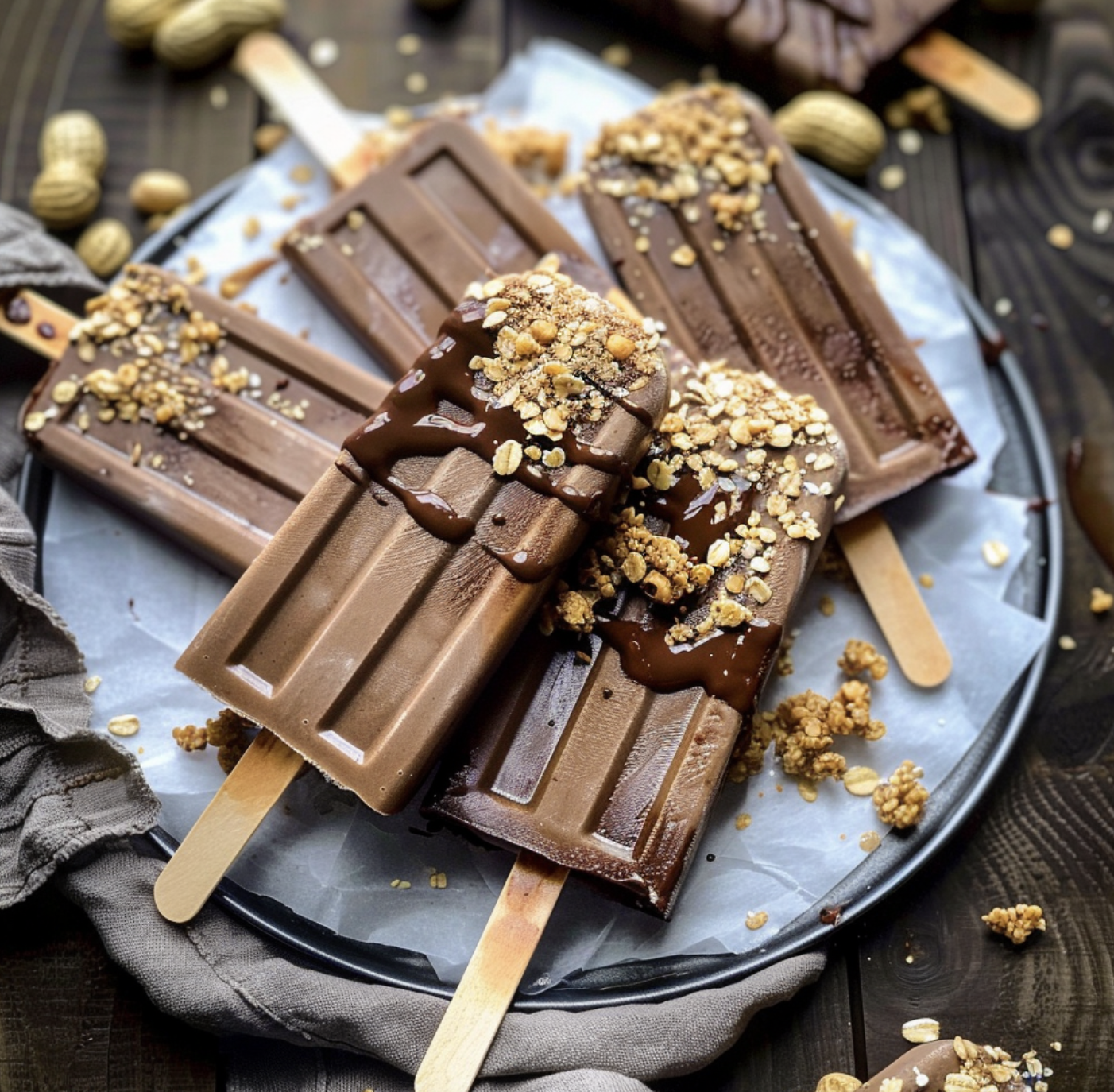 A plate of chocolate covered ice cream bars.