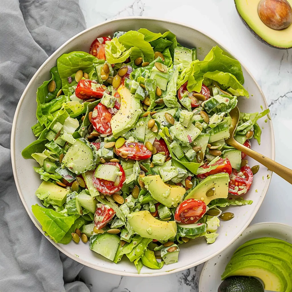 A bowl of salad with avocado, tomatoes, lettuce, and pumpkin seeds.