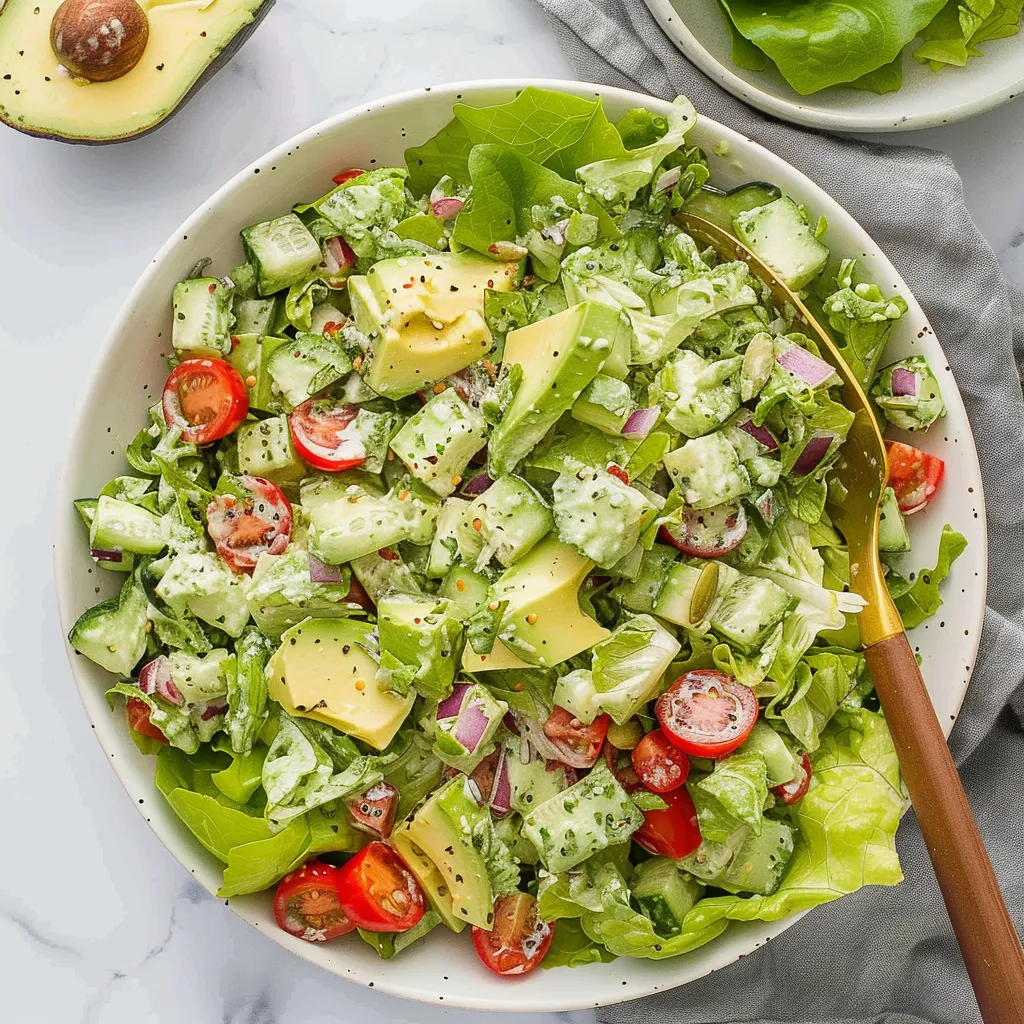 A bowl of salad with tomatoes, lettuce, and avocado.