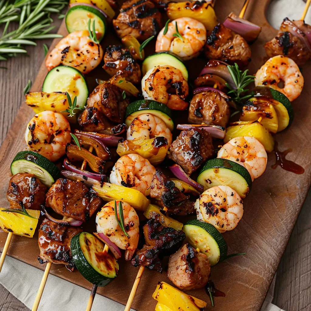 A skewer of shrimp, zucchini, and onions.