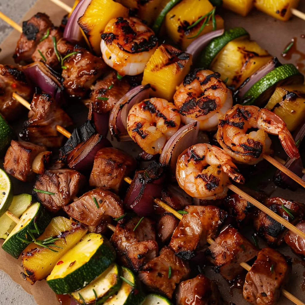 A skewer of shrimp, zucchini, and yellow peppers.