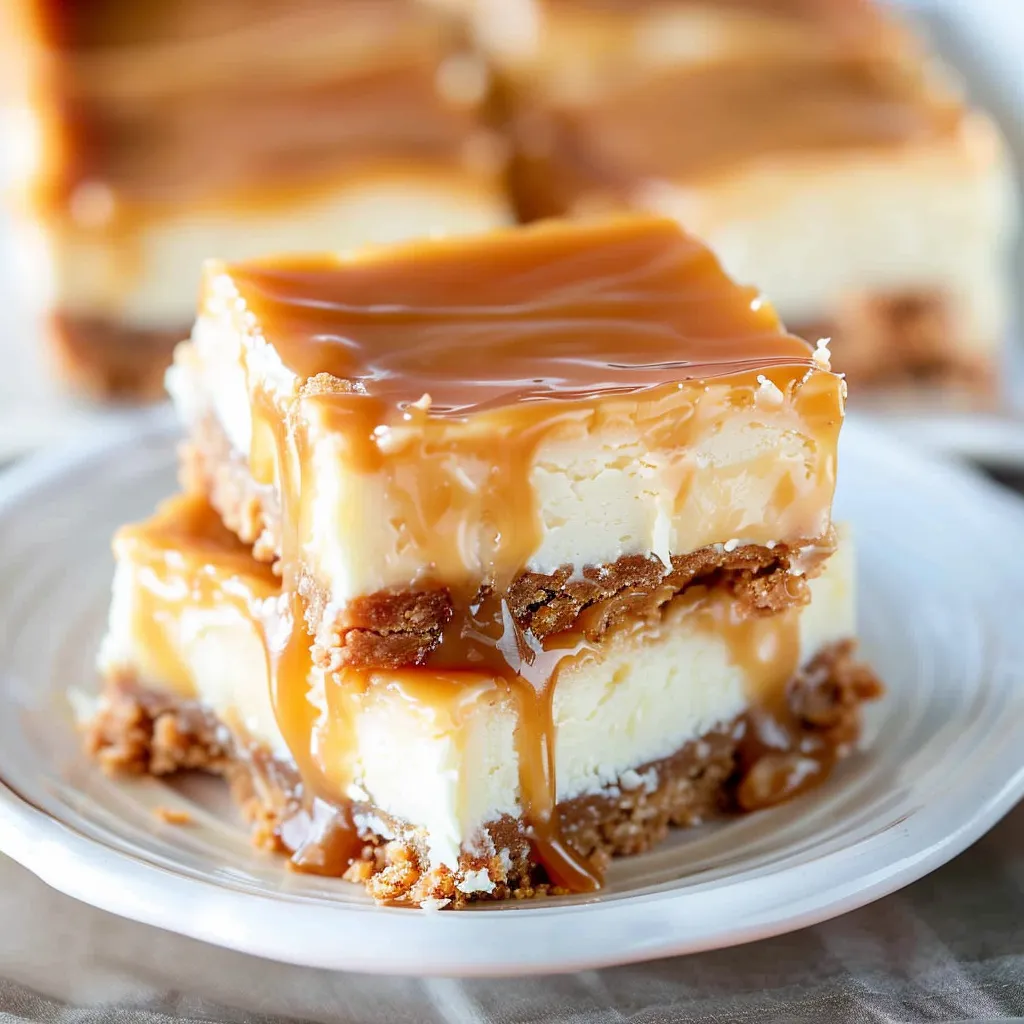 A slice of caramel cheesecake on a plate.