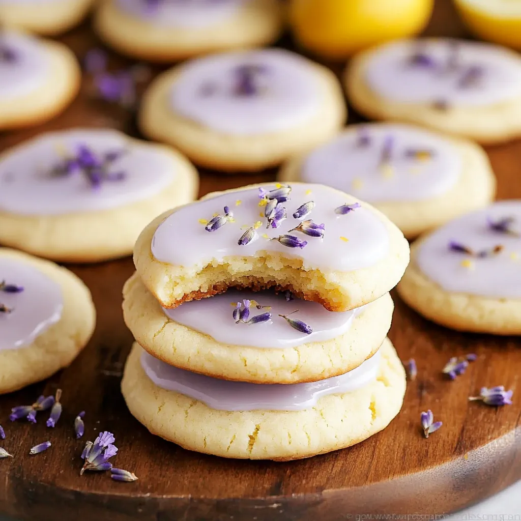 A cookie with purple icing and a lemon wedge on top.