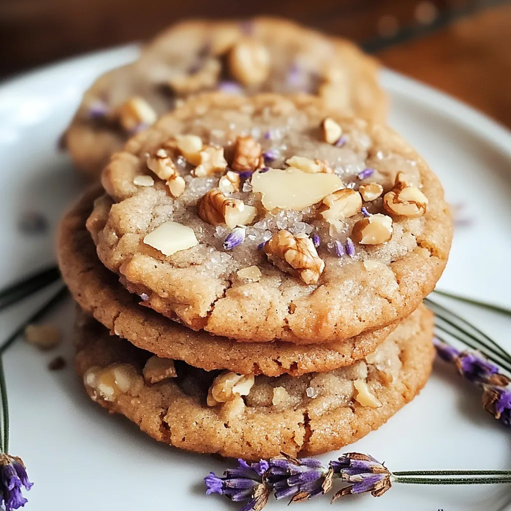 A stack of cookies with nuts on top.