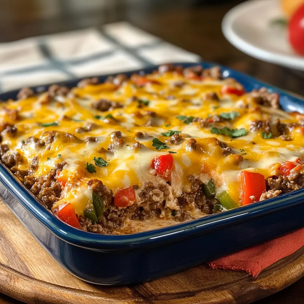 A blue dish with a casserole in it.