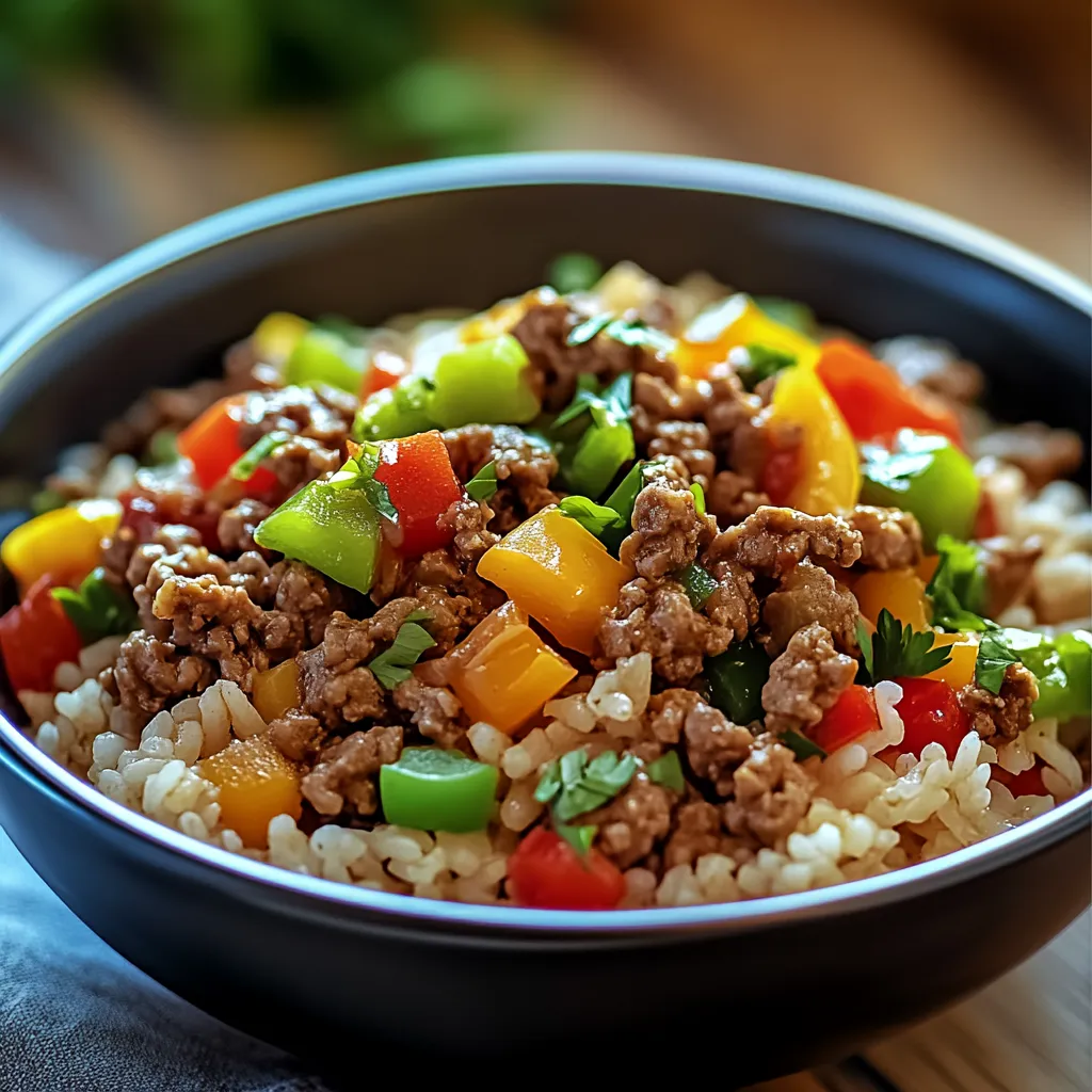 A bowl of rice with meat and vegetables.