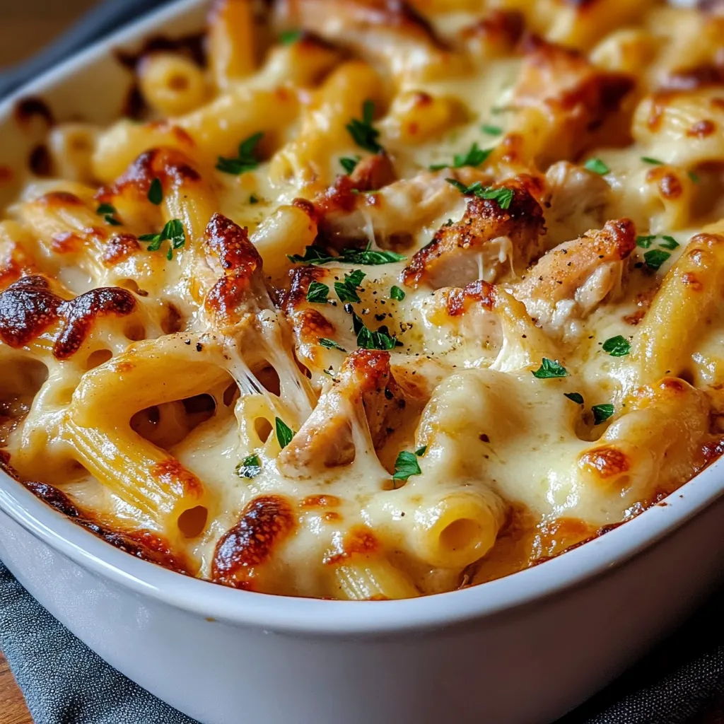 A bowl of pasta with chicken and cheese.