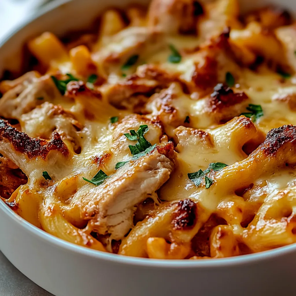 A bowl of food with chicken and pasta.