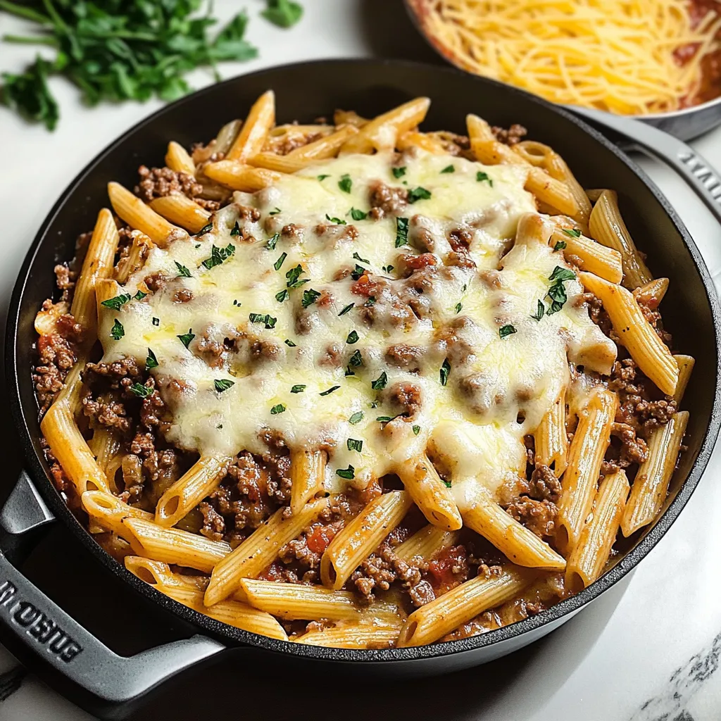 A bowl of pasta with meat and cheese.