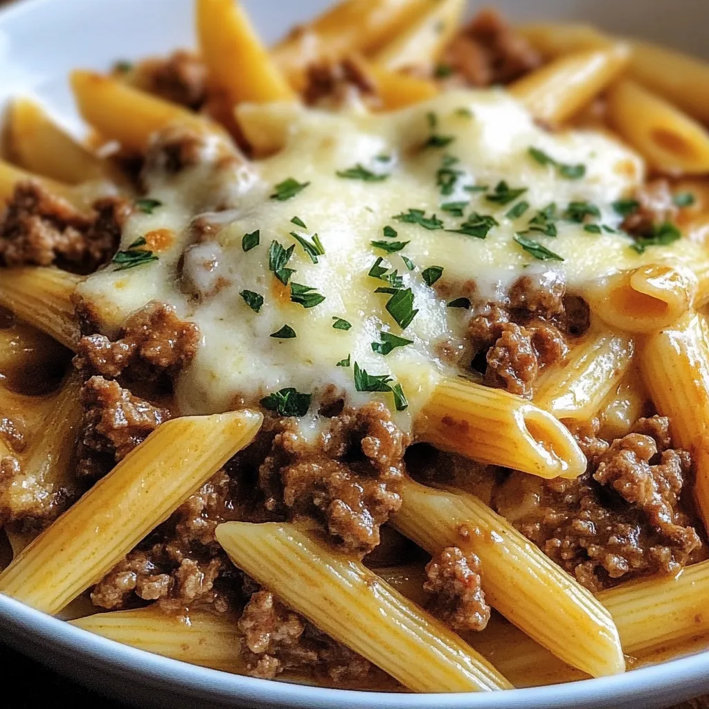 A bowl of pasta with meat and cheese.