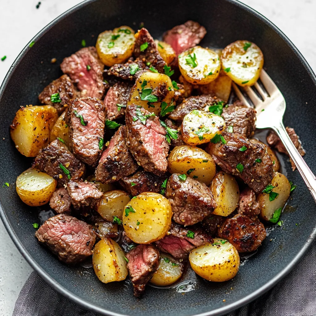 A bowl of meat and potatoes.