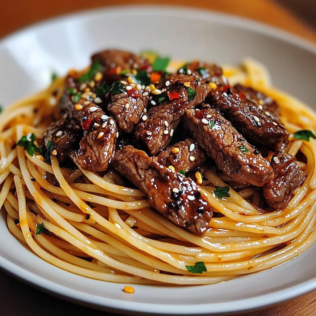 A plate of spaghetti with meat and peppers.