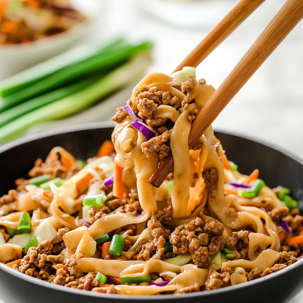 A bowl of noodles with meat and vegetables.