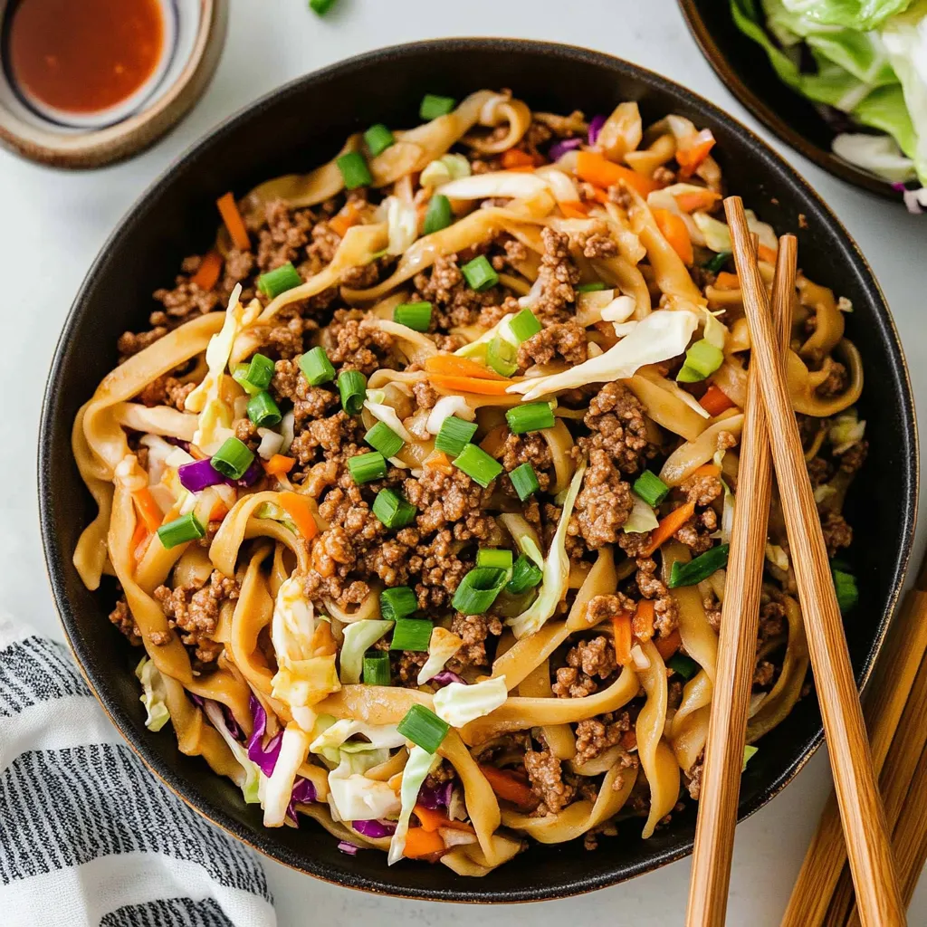 A bowl of noodles with meat and vegetables.