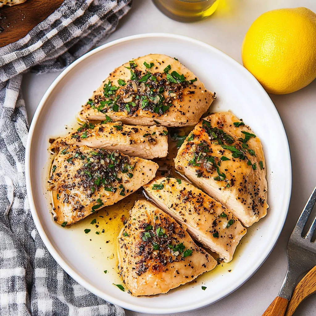 A plate of chicken with herbs on it.