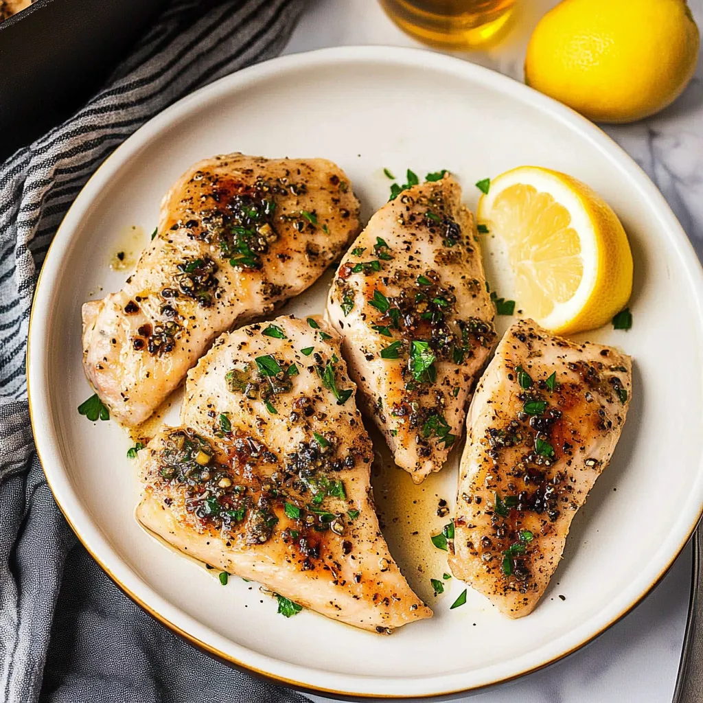 A plate of chicken with lemon wedges on top.