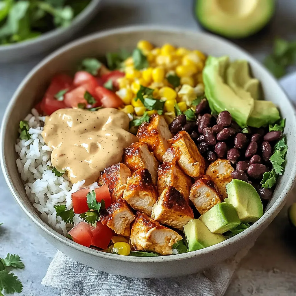 A bowl of food with rice, chicken, beans, corn, tomatoes, and avocado.