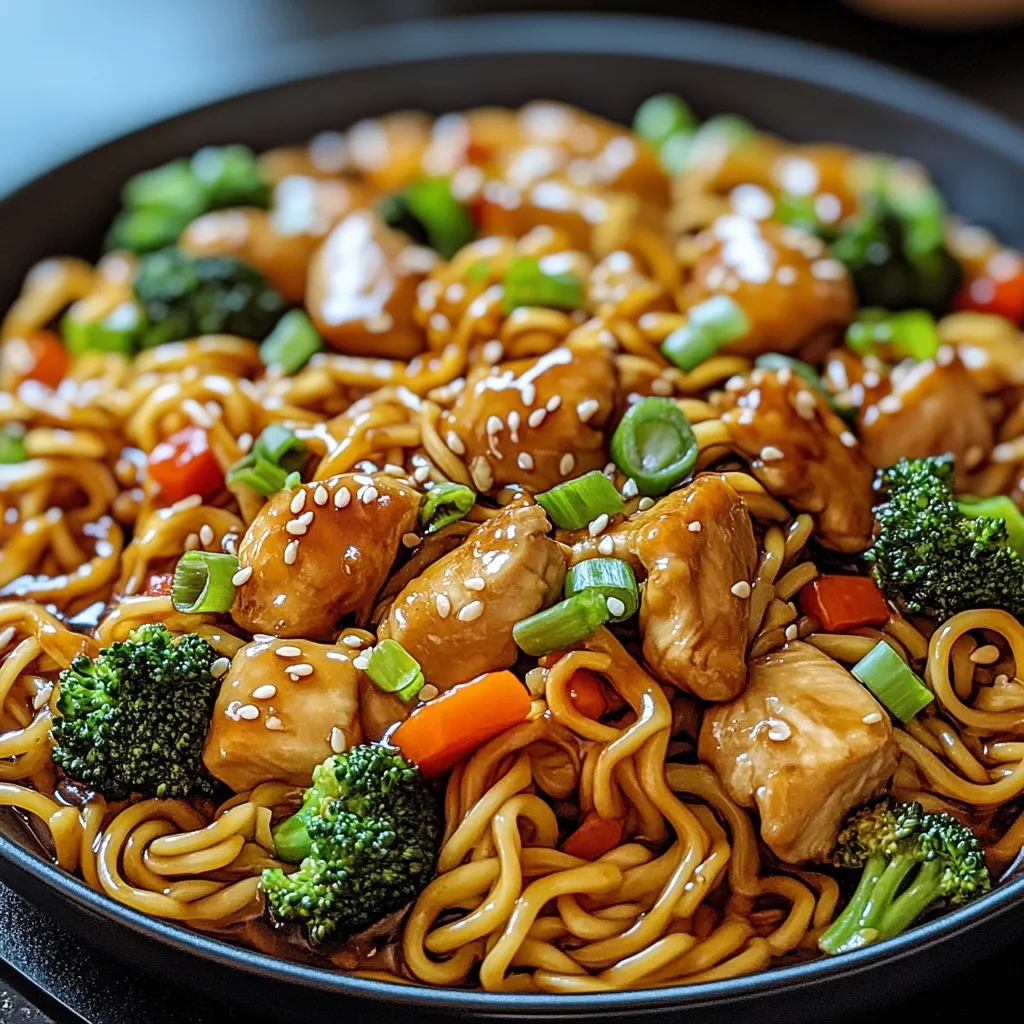 A bowl of chicken and broccoli noodles.