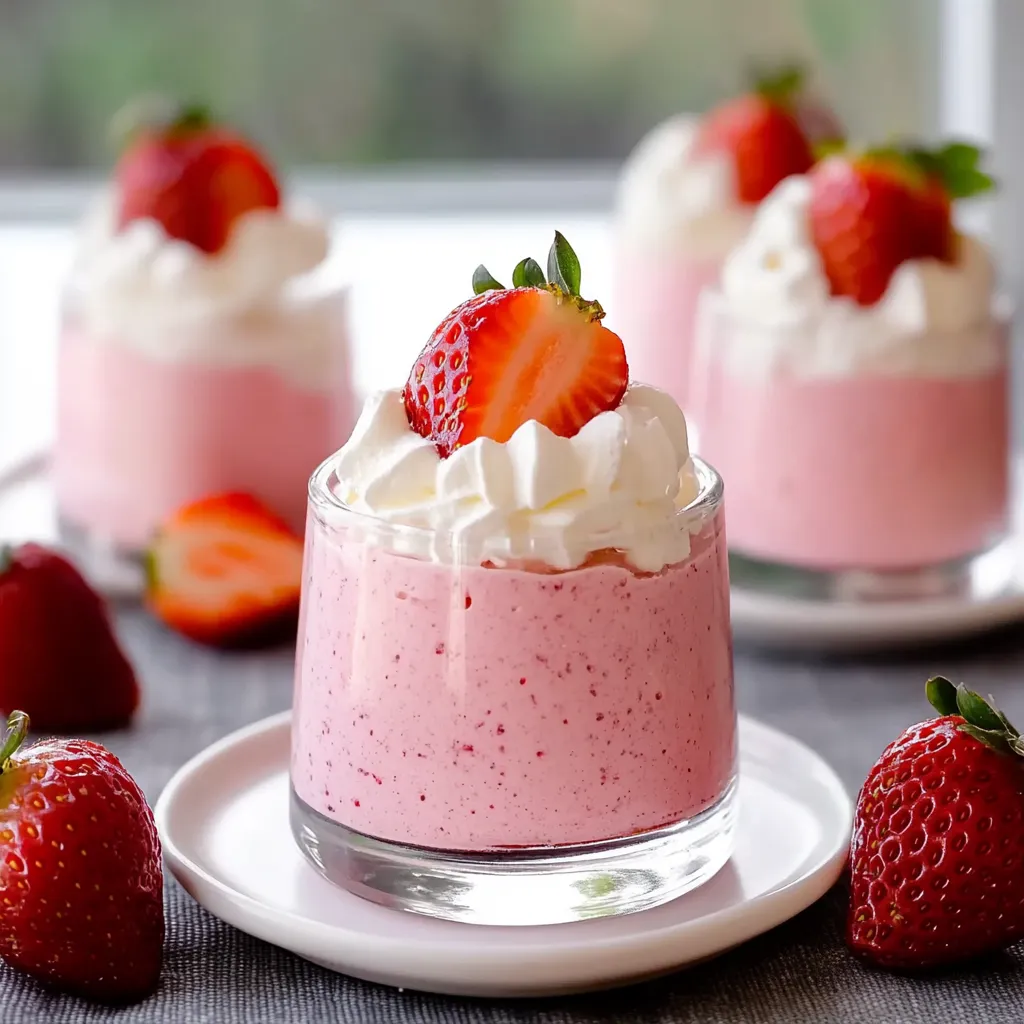 A glass of pink strawberry whipped cream.
