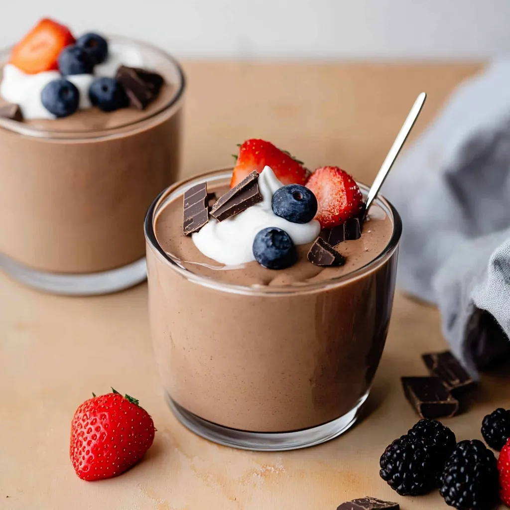 Two glasses of chocolate and strawberry dessert.