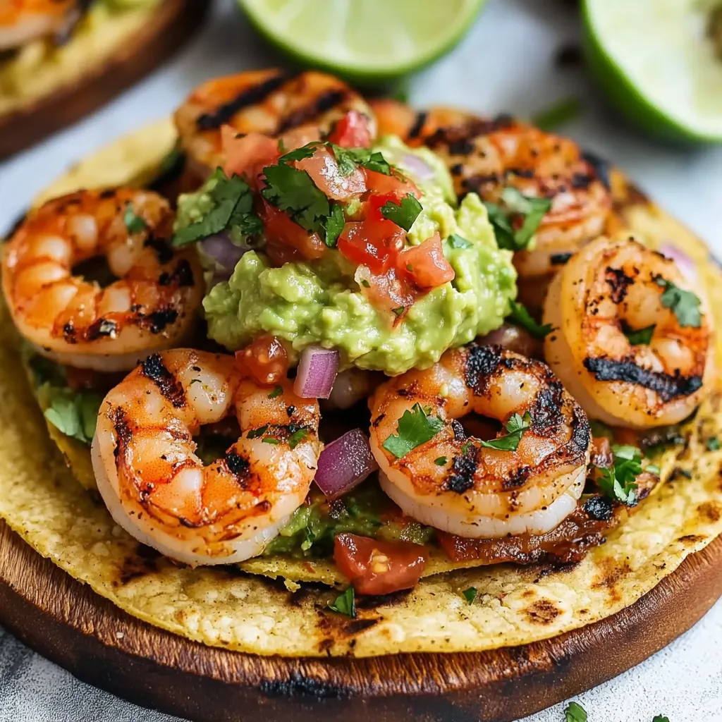 A taco with shrimp and guacamole on top.
