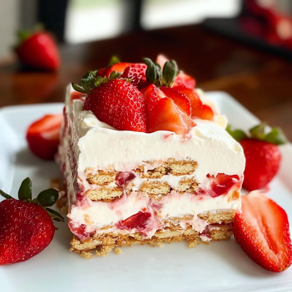 A slice of cake with strawberries on top.