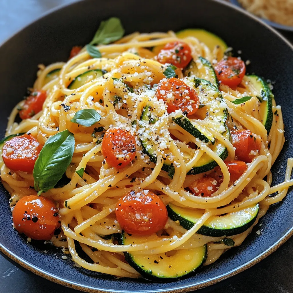 A bowl of pasta with tomatoes, zucchini, and basil.