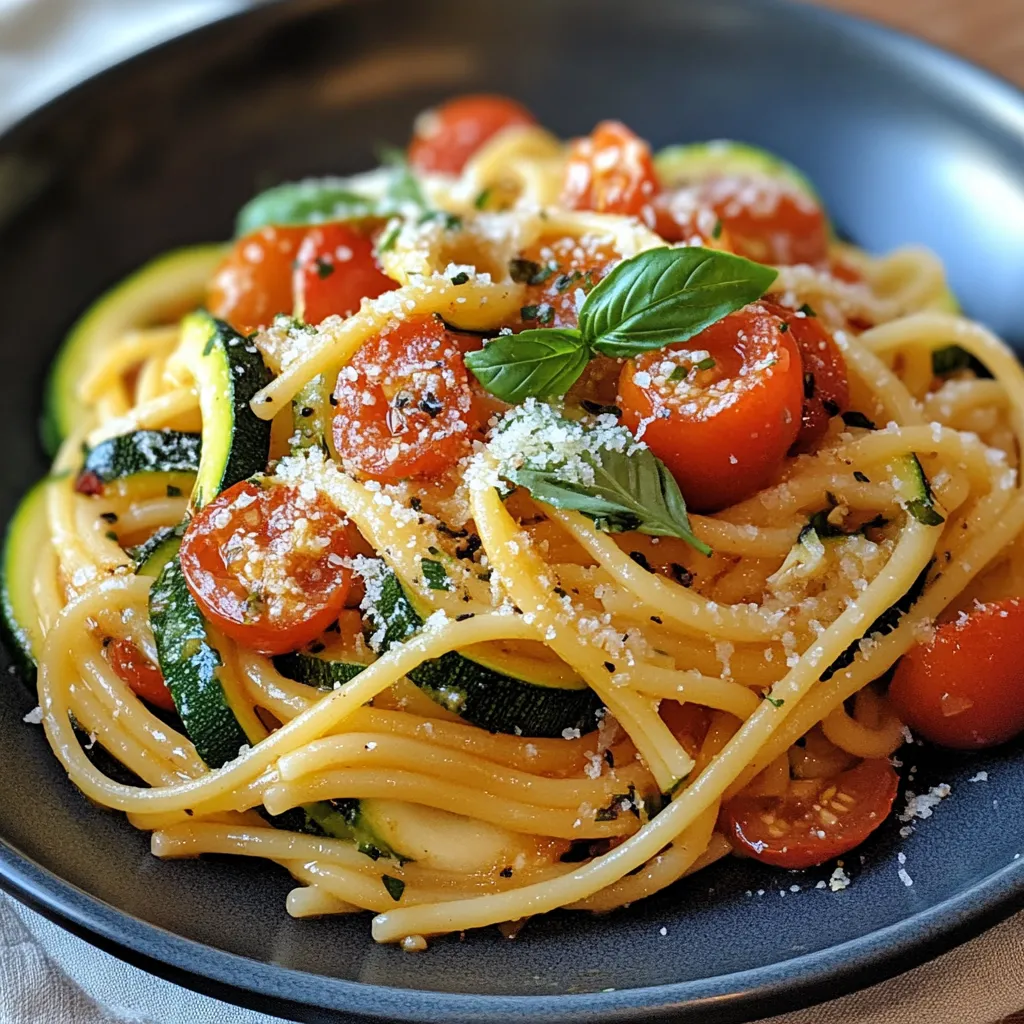 A plate of pasta with tomatoes and zucchini.