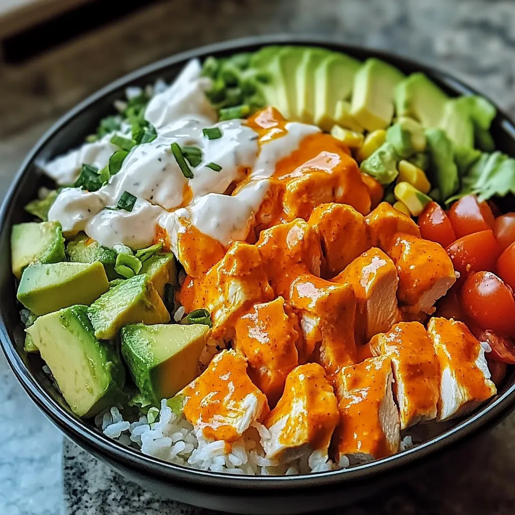 A bowl of food with rice, chicken, avocado, tomatoes, and sour cream.