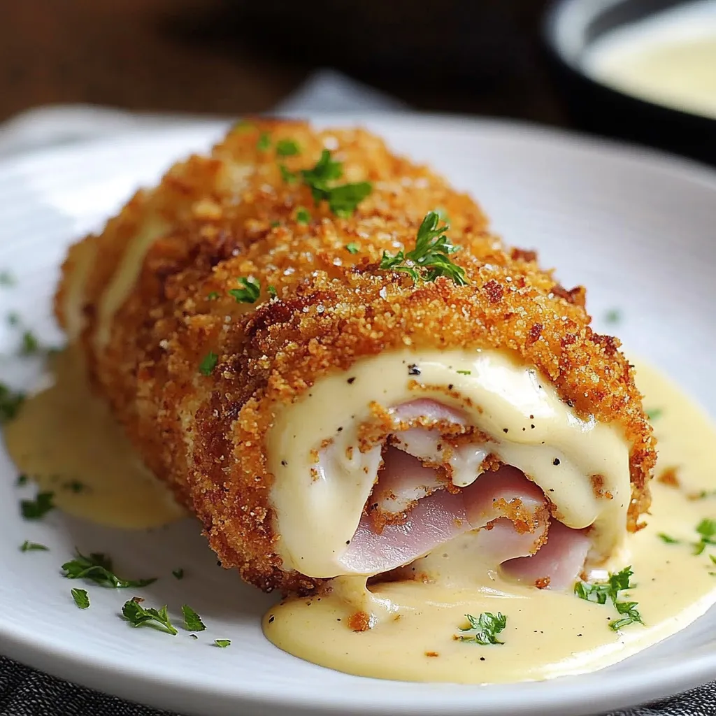 A piece of food with a sauce on it.