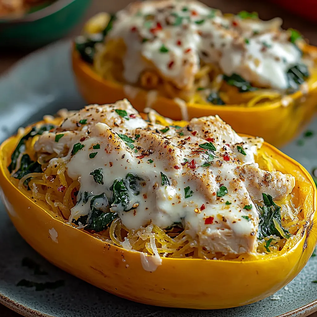 Two yellow squash filled with chicken and cheese.