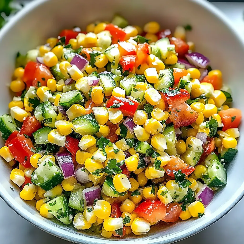 A bowl of vegetables including corn, tomatoes, and cucumbers.