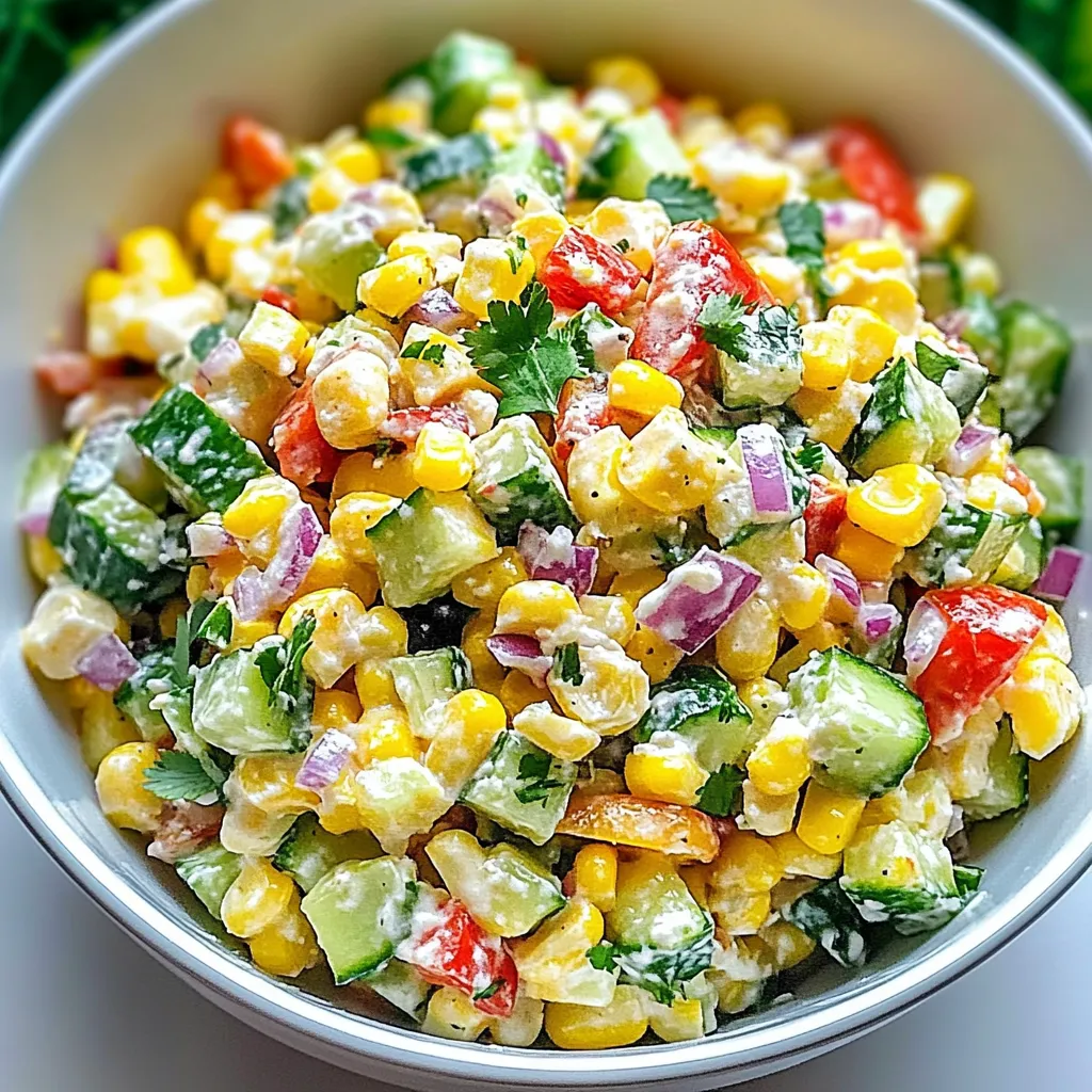 A bowl of vegetables including corn, tomatoes, and cucumbers.