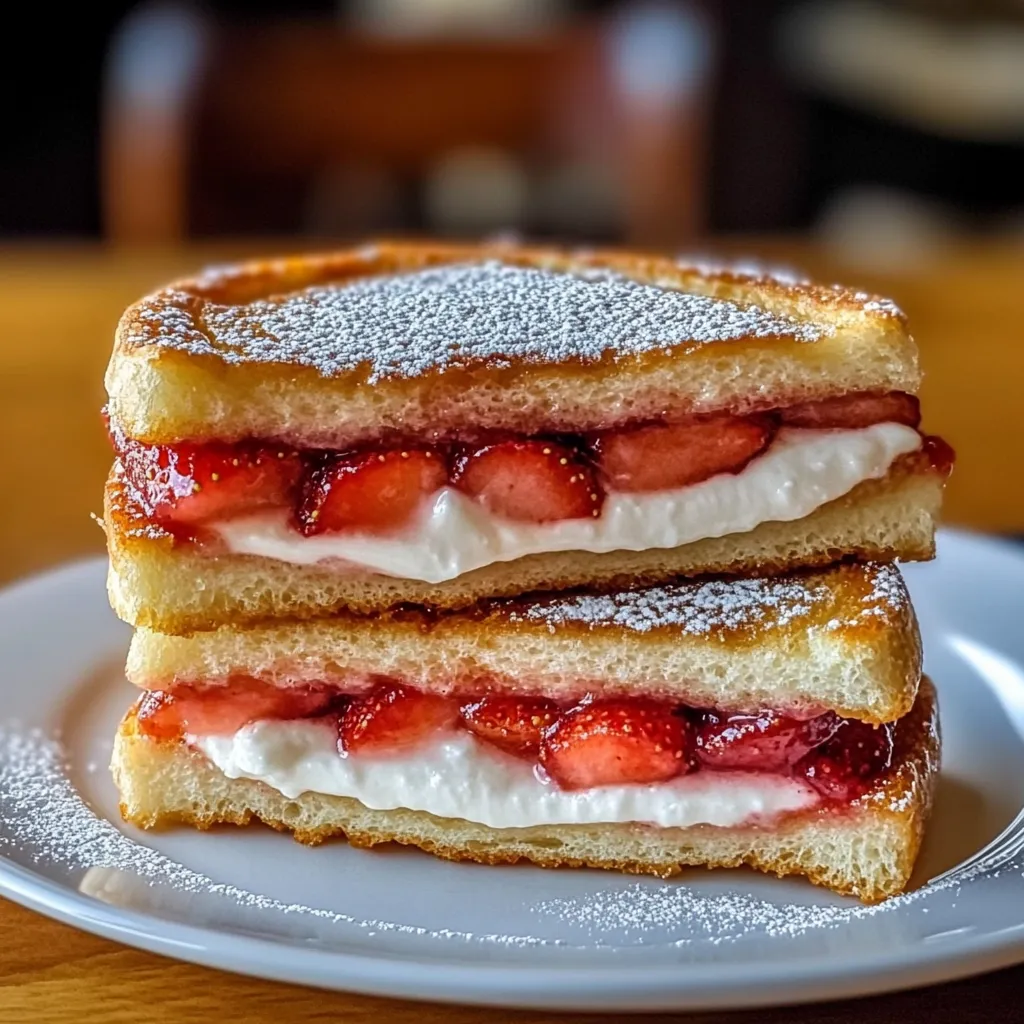 A stack of sandwiches with strawberries and whipped cream.