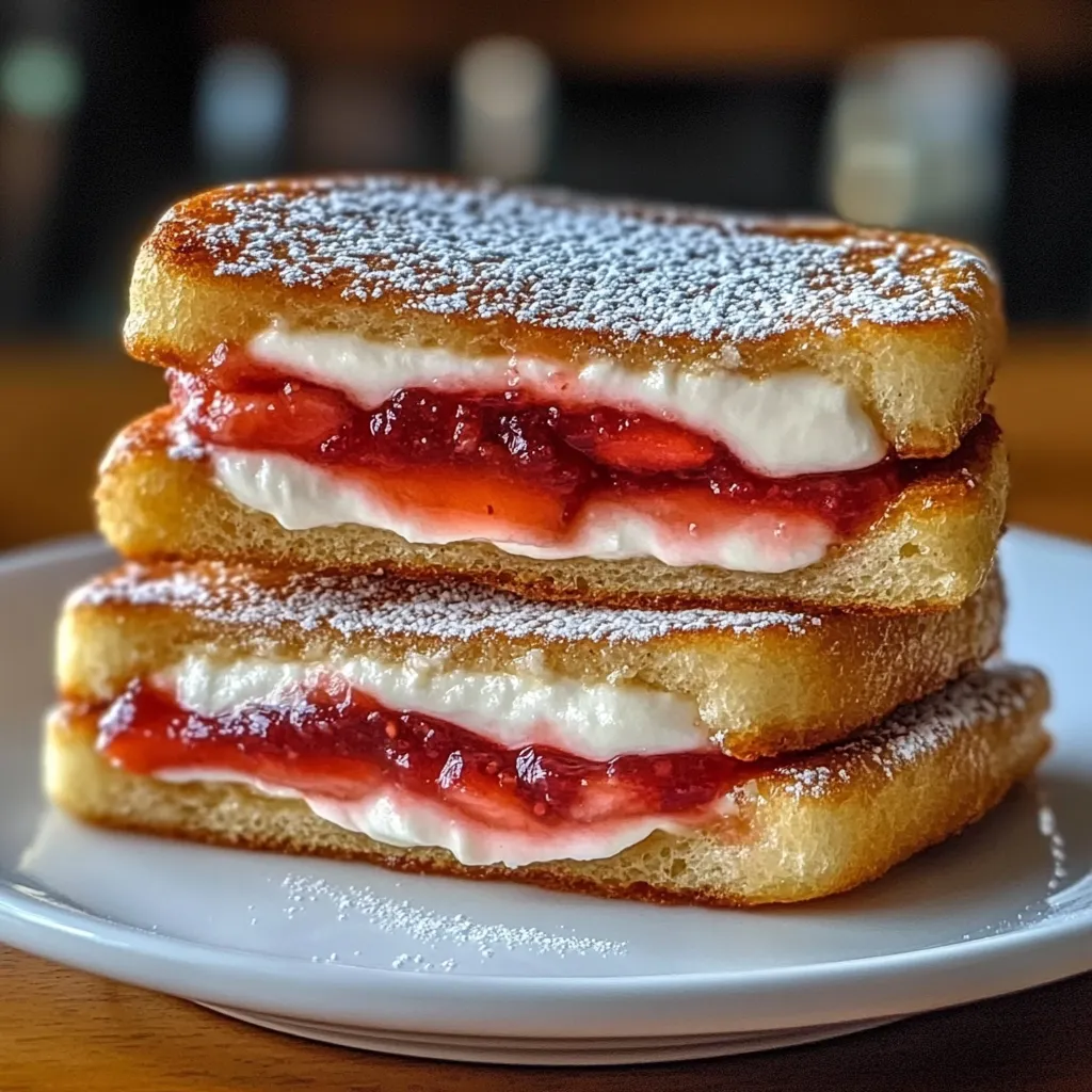 Two sandwiches with jelly and cream on top.