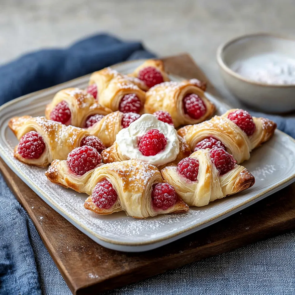A plate of pastry with raspberries and whipped cream.