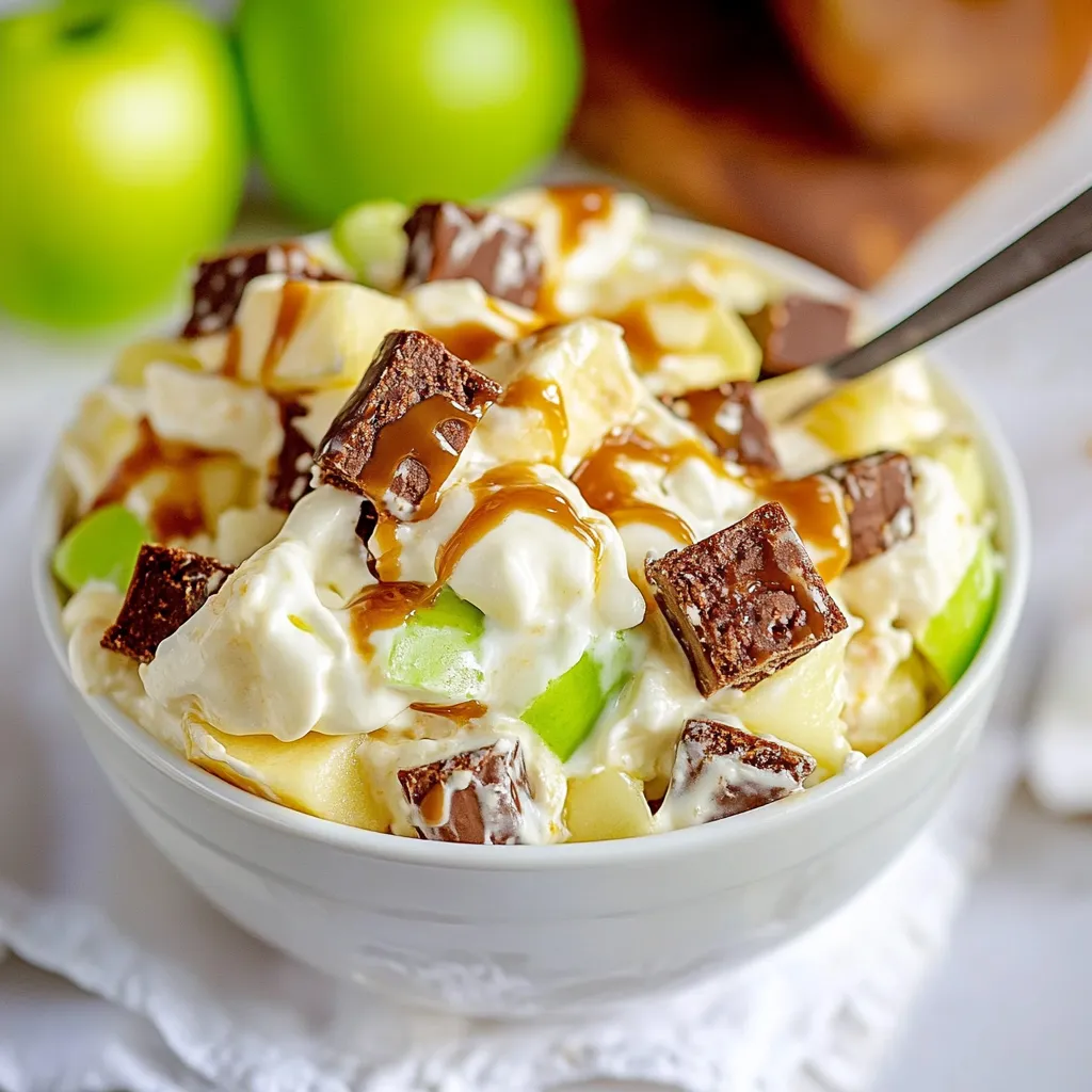 A bowl of food with chocolate and apples.