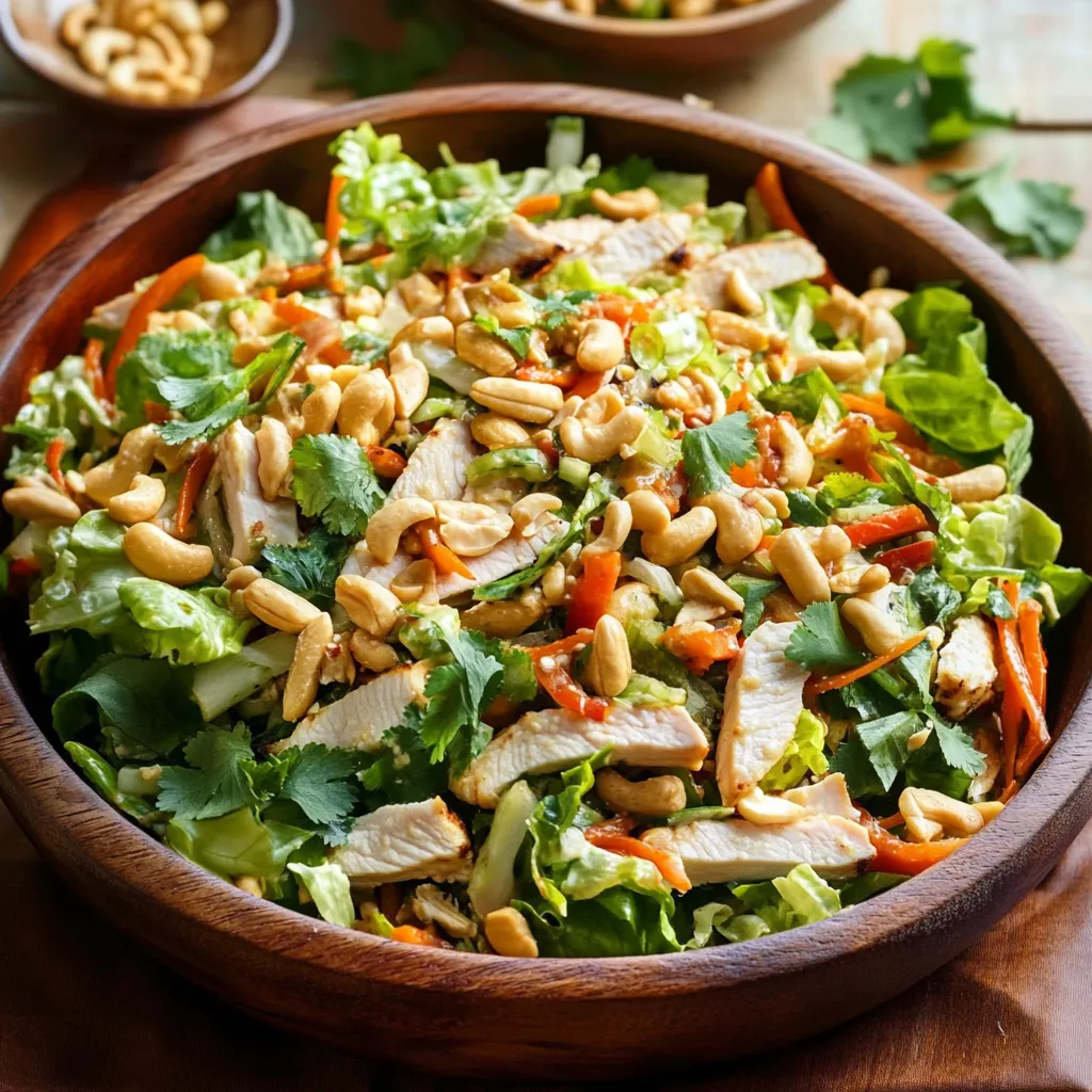 A bowl of salad with chicken, carrots, and nuts.