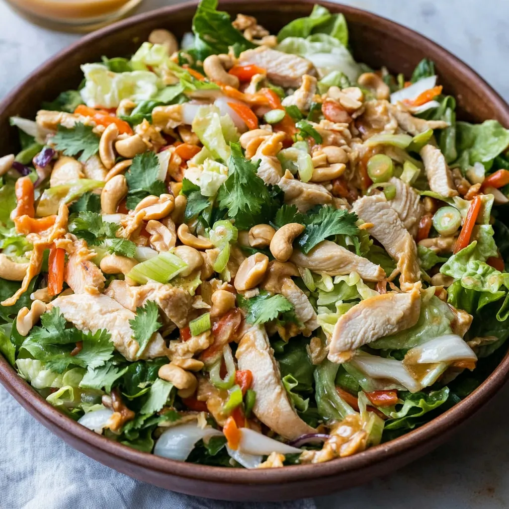 A bowl of salad with chicken and nuts.
