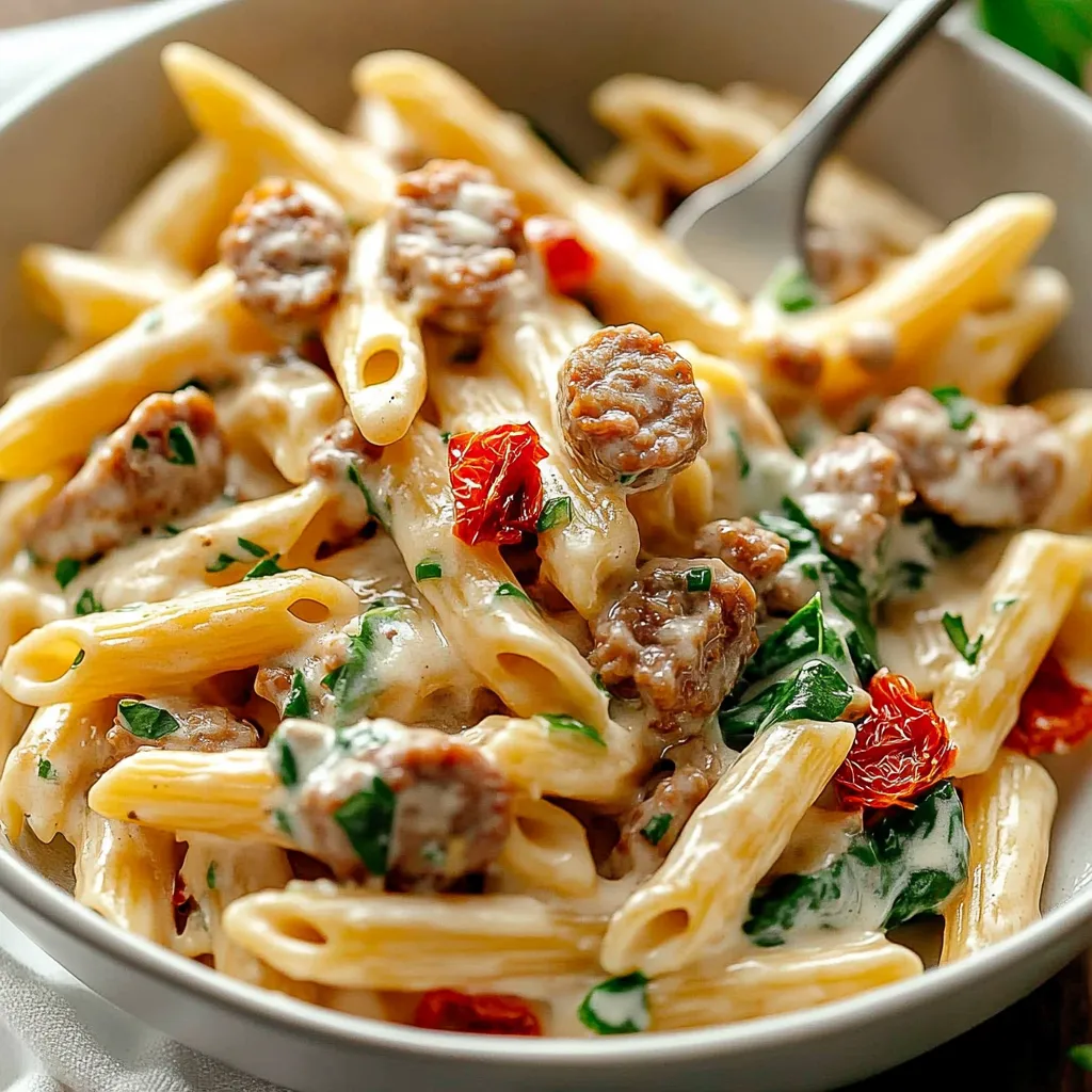 A bowl of pasta with meat and vegetables.