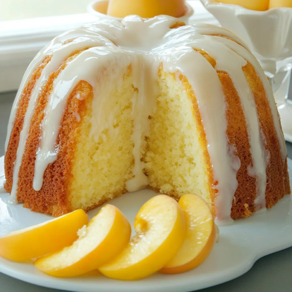 A slice of cake with a peach on top.