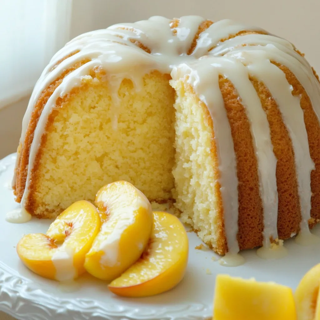 A cake with white frosting and sliced peaches on a plate.