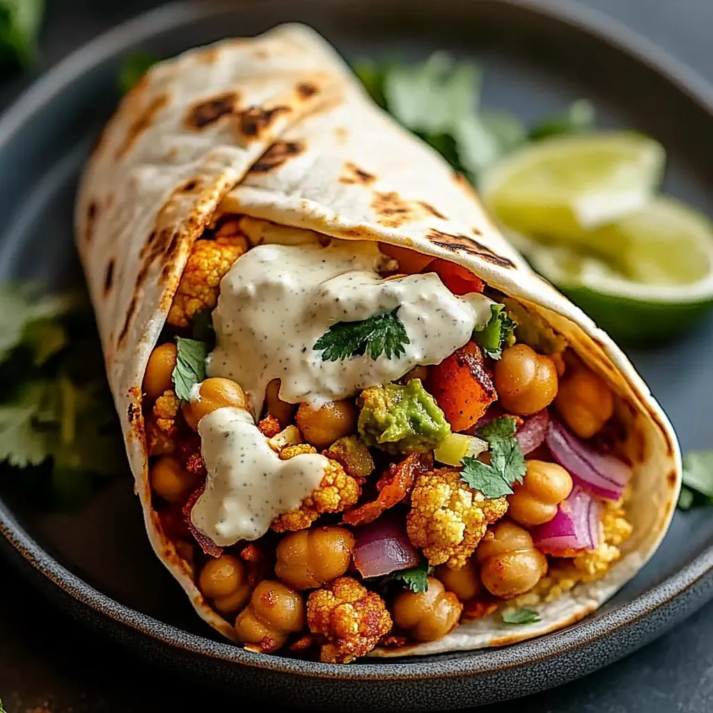 A wrap filled with vegetables and sauce.